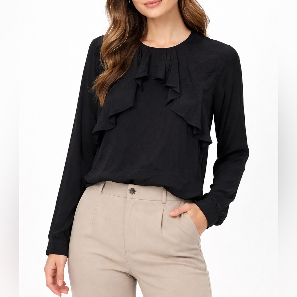 New Dondup Black Ruffle Silk Blend Long Sleeve Blouse Sz 42